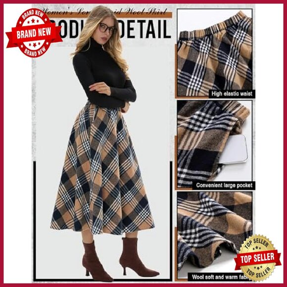 Women's Long Plaid Wool Skirt High Waisted A-Line Pleated with Pockets - Picture 6 of 8
